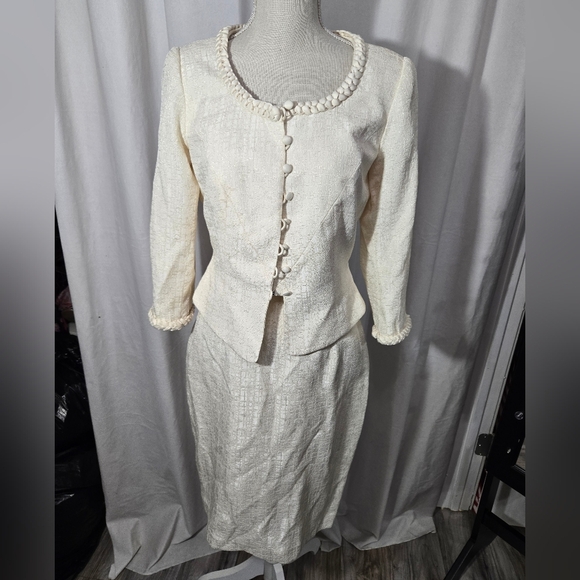 Vintage Donna Morgan Skirt And Jacket Set Ivory And Gold Sz 4 - Picture 1 of 11
